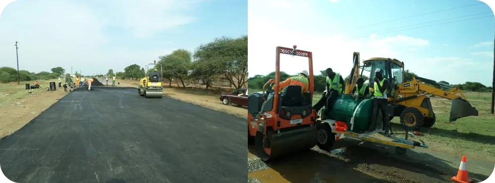 Two project photos: a freshly laid asphalt road and a yellow machine at work